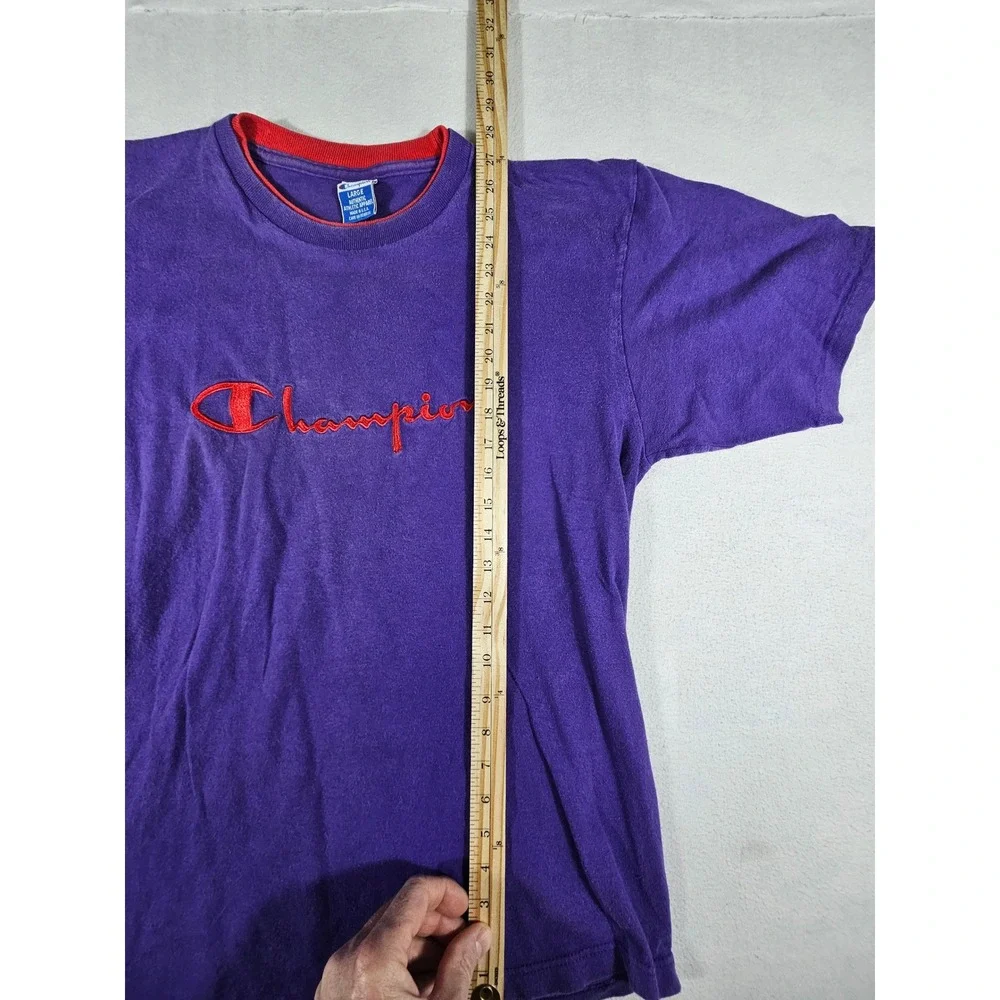 Vintage Champion T Shirt Mens Large Purple Red Script Logo Made in USA 90s - Picture 3 of 10